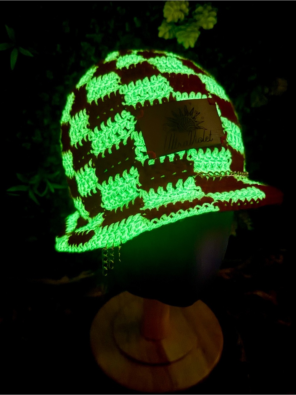 White & Red GLOW IN THE DARK Checkered Crochet Bucket Hat